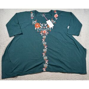 CAITE Aisha‎ Tunic Top Women Small Deep Teal Embroidered Floral Round Neck NWT